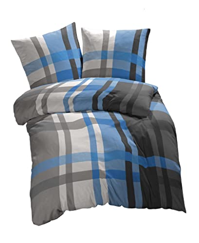 etérea Microfaser Bettwäsche 155x200 2er Set - Ganzjahres Bettbezug - Urban Check Kariert Bettwäsche-Set mit Kissen 155x200cm + 80x80 cm Kissen - Blau