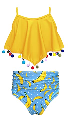 Shekini Girls Ruffle Flounce Pom Poms Bikini High Waist Bottom Two Piece Swimsuits（Yellow,10-12 Years #TOP7