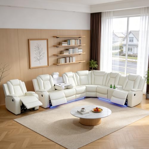 Image of Power Reclining Sectional Sofa for Living Room Furniture Sets - White Leather Sectional Recliner Sofa, LED Lights, Storage Console & Cup Holders, Modern Power Recliner Couch