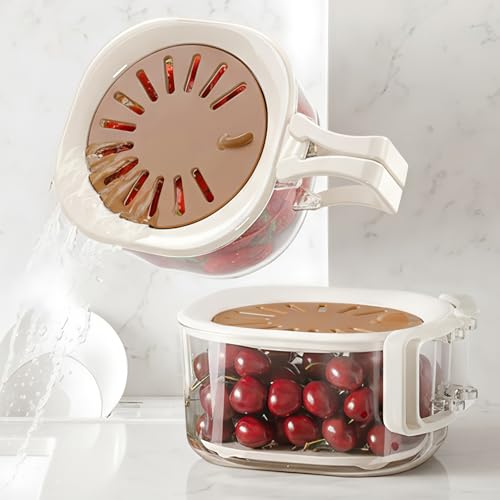 Fruit Vegetable Washing Bowl with Strainer, Berry Lettuce Keeper for Fridge Refrigerator Organization, Portable Colander for Kitchen Fridge, Drainer Container With Lid, 2 Pack (Brown)