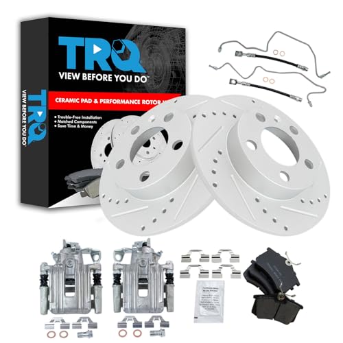 Image of TRQ Performance Rear Brake Pad and Rotor Set Ceramic Slotted Drilled Calipers Compatible with 1999 Volkswagen Jetta
