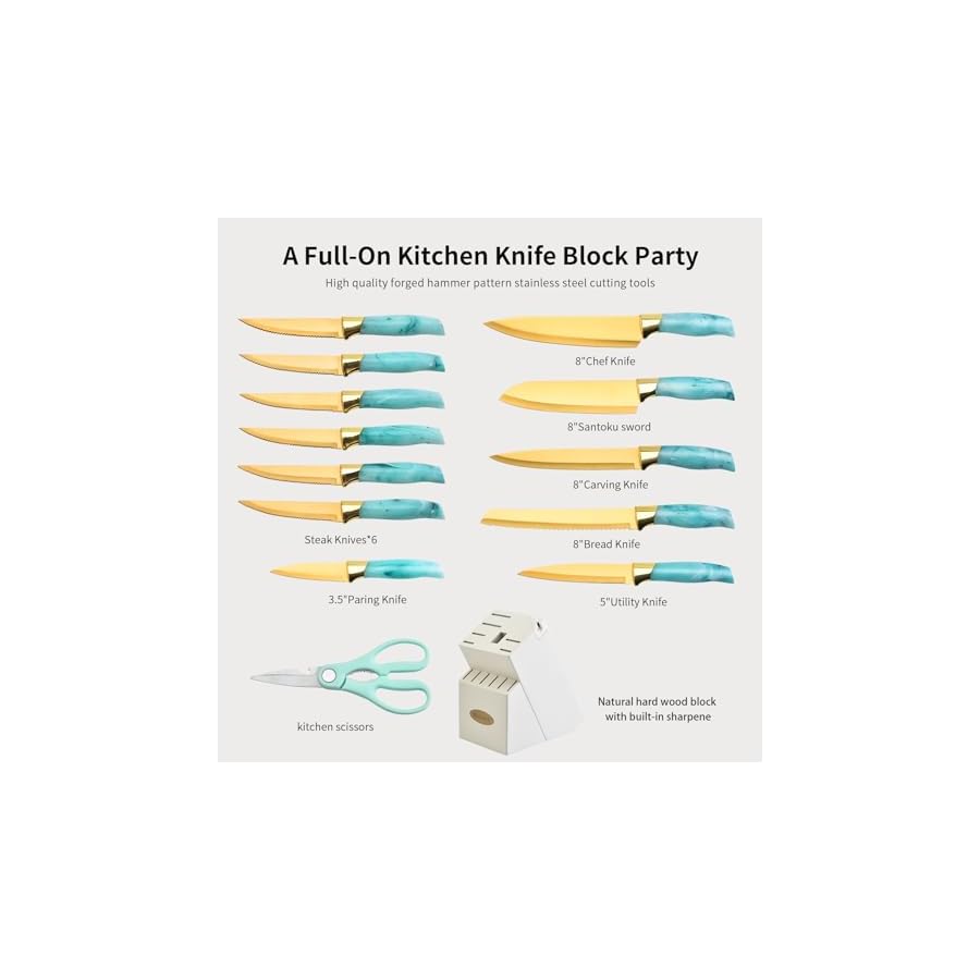 Knife-Set-Non-Stick-Thick-and-Sharp-Stainless-Steel-Kitchen-Knives-Set-with-Wood-Block-14-Pcs-Cutlery-Knives-Block-Set-with-Steak-Knife-Bread-Knife-Scissors-Chef-Quality-Green-Handle-Gold-Blade Knife Set, Non Stick Thick and Sharp Stainless Steel Kitchen Knives Set with Wood Block, 14 Pcs Cutlery Knives Block Set with Steak Knife, Bread Knife, Scissors, Chef Quality, Green Handle Gold Blade