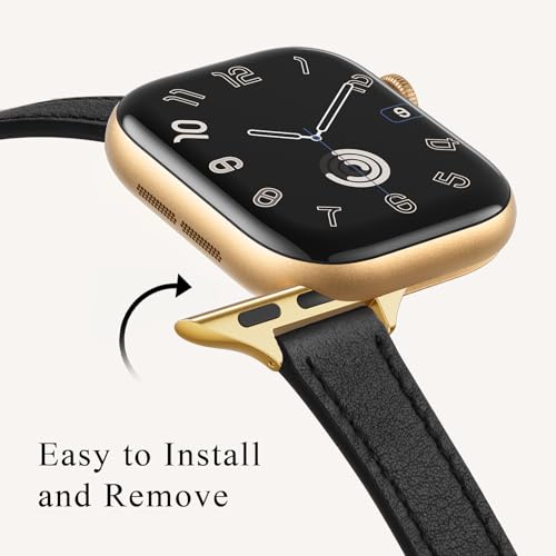 Image of STIROLL Slim Leather Bands Compatible with Apple Watch Band 49mm 46mm 45mm 44mm 42mm(Series 3 2 1), Top Grain Leather Watch Thin Wristband for iWatch Ultra SE Series 11 10 9 8 7 6 5 4(Black Gold)