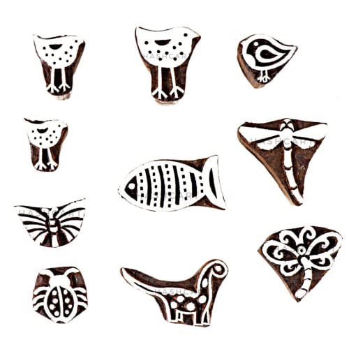 Hashcart Birds and Animal Design Wooden Stamps for Crafting - Wood Printing Stamps for Kids' Art Projects, to Decorate Cards - Henna, Clay, Painting, Fabric, Paper,