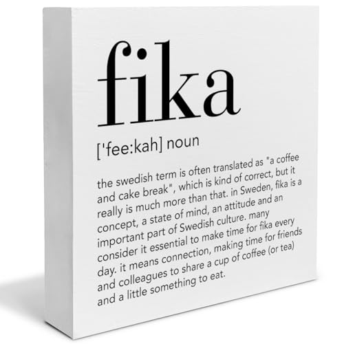 Fika Definition - Decoración de regalo para amigos, colegas, decoración de Fika sueca, letrero de madera para el hogar, oficina, escritorio, mesa, estante, 12,7 x 12,7 cm