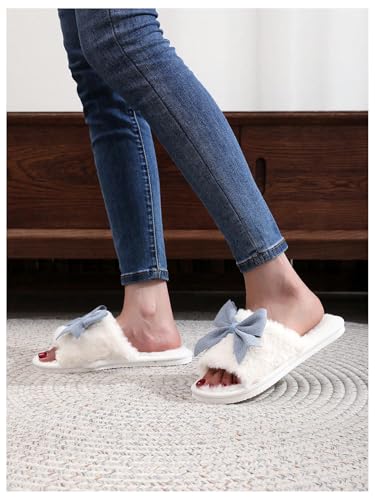OYOANGLE Women's Cute Bow Decor Fuzzy Open Toe Indoor Home Slippers Fashionable Warm Comfy Furry Outdoor Slippers3