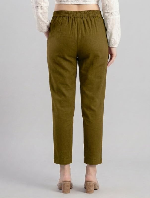 Image of Solid Cotton Woman Trousers Pants Regular Fit Kurti Pant with Drawstring Daily Office Formal Casual Use