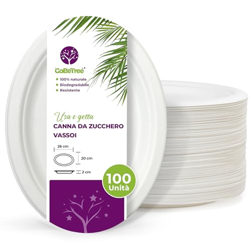 GoBeTree 100 vassoi ovale 26 x 20 cm di canna da zucchero. Vassoi monouso in canna da zucchero bianca extra forte. Per campeggio, picnic, feste, barbecue, feste di compleanno