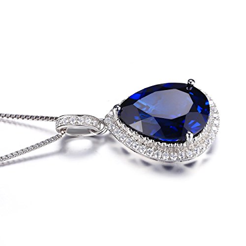 JewelryPalace Huge Pear Cut 10.9ct Created Blue Sapphire Halo Pendant Necklace for Women, 14k White Gold Plated 925 Sterling Silver Necklaces for Her, Gemstone Necklace 18 Inches Chain Jewelry Sets4