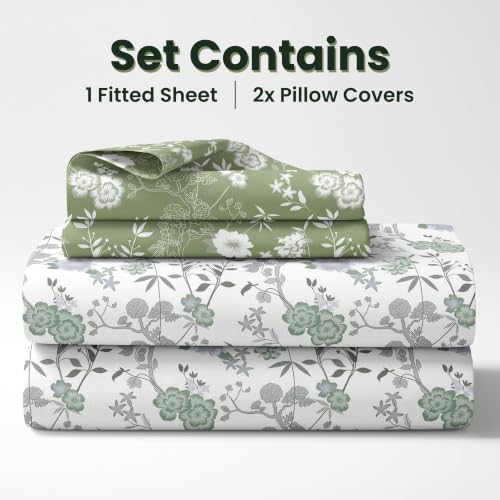 Image of LORETO - A QUALITY LINEN BRAND 144 TC 100% Pure Cotton Double /Queen Fitted Bedsheet with 2 Pillow Covers for 72 x 60 Inch Mattress, All-Around Elastic, 8 Inch Deep Pocket, Sage Green Floral Harmony