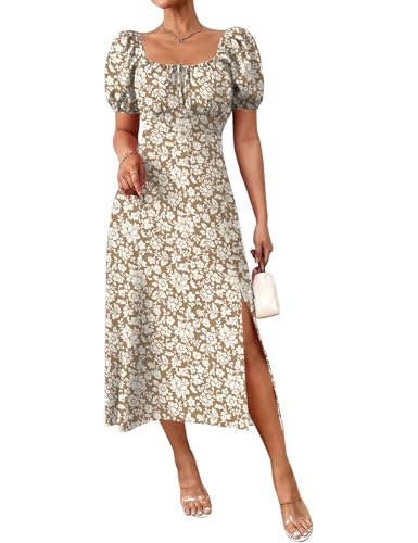Image of SPRIME Women's Floral Summer Casual Dress Square Neck Puff Sleeve Boho Midi Dresses Ruched Bust High Waist Split Long Dress