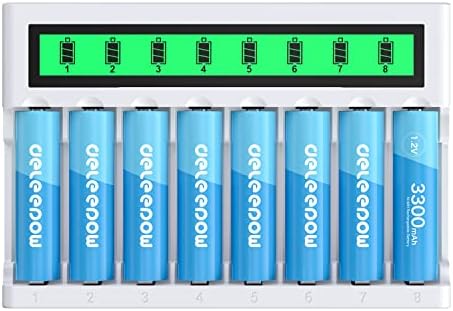 Deleepow Rechargeable AA Batteries 3300mAh AA Nimh Rechargeable Batteries 1200 Cycles 1.2V 8-Pack with USB-C and Micro USB 2 Charge Port LCD Charger