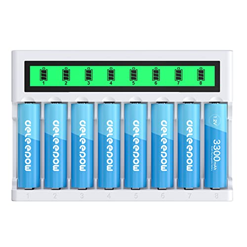 Deleepow Rechargeable Aa Batteries 3300Mah Aa Nimh Rechargeable Batteries 1200 Cycles 1.2V 8-Pack With Usb-C And Micro Usb 2 Charge Port Lcd Charger #TOP9
