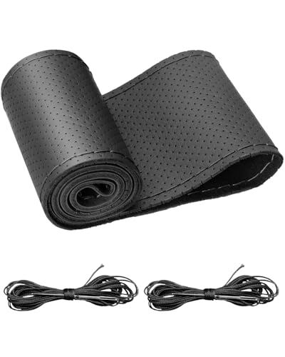 BELINOUS Universal Leather Car Steering Wheel Cover, Stitch On Wrap (Size M4, Black)