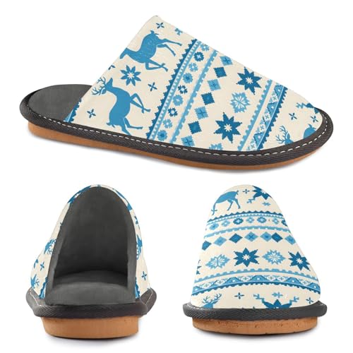 Slippers for Women Blue Elk Snowflakes Ethnic Soft Winter Warm Shoes Indoor Outdoor Non-Slip House Travel Slippers4