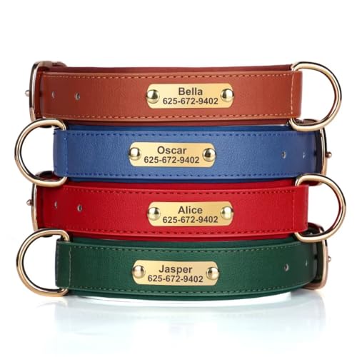 KINYABLUE Collares de perro personalizados para perros pequeños, collar de perro de cuero acolchado de neopreno suave, collar de perro personalizado con placa de nombre, collar rojo ajustable para