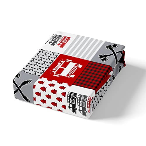 Red Fire Truck Car Bed Sheets Set Firefighter Sheet Set Fire Engine Sheets With Deep Pocket Fitted Sheet Room Decor Firemen Car Vehicle Bedding Set Geometric Lattice Grid King Size With 2 Pillow Case #TOP3