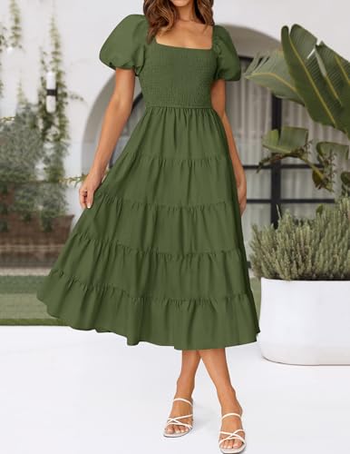 Image of ZESICA Women's 2026 Summer Puff Sleeve Midi Dress 2026 Boho Solid High Waist Flowy Beach Wedding Guest Long Dresses