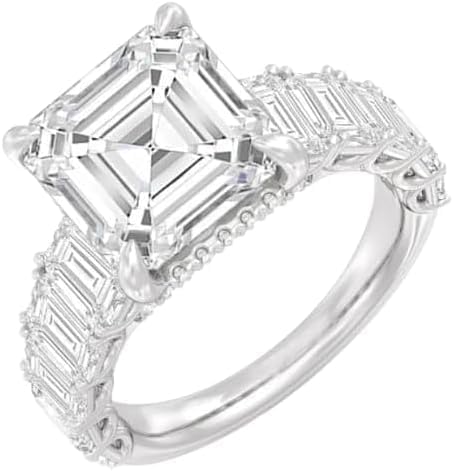 Purvika Jewels 3.00Ct Asscher Cut with Baguette Lab Created Diamond Solitaire Engagement Ring, 14K White Gold Finish, 925 Sterling Silver