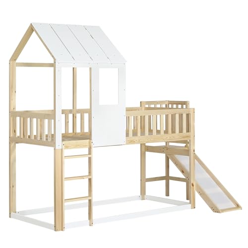 Lit Cabane 90x200 avec Toboggan, Pin FSC Sapgaks