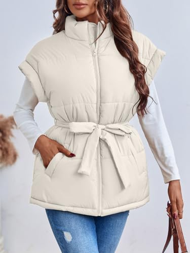 Langwyqu Women Oversized Puffer Vests Sleeveless Stand Collar Zipper Puffy Jackets with Belt2
