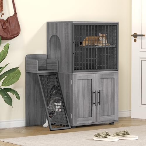 IDEALHOUSE Modern Cat Litter Box Enclosure with Platform, Double Layer Hidden Litter Box, Indoor...