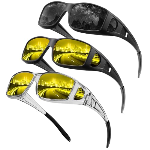 QALLY Night Vision Glasses, Fit Over Glasses Mens Womens, Wrap Around Anti Glare HD Night Vision Lens for Night Driving