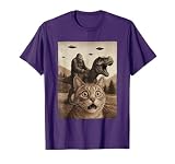 Funny Graphic Cat Selfie With Bigfoot Riding T-rex Dinosaur T-Shirt