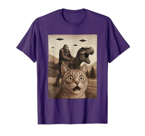 Funny Graphic Cat Selfie With Bigfoot Riding T-rex Dinosaur T-Shirt