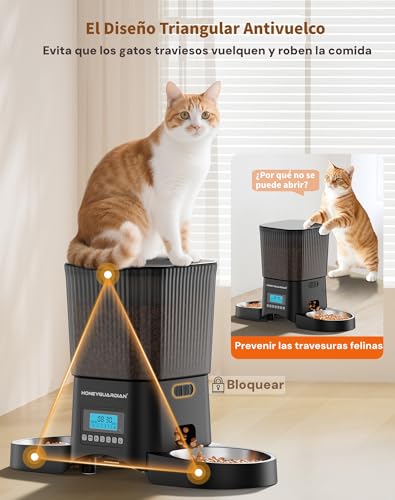 HONEYGUARDIAN Comedero Gato Automatico Doble, 3.5L Dispensador Comida Gatos/Perros 2 Tazones, Alimentador Automatico Gatos con 1-6 Comidas al día, Acero Inoxidable 304, Grabadora de Voz - imagen 7
