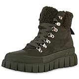  VAN HILL Damen Worker Boots Stiefeletten Keilabsatz Schuhe Kunstfell Schnürer Plateau Vorne Booties Profilsohle Schnürschuhe 208563 Olivgrün 39