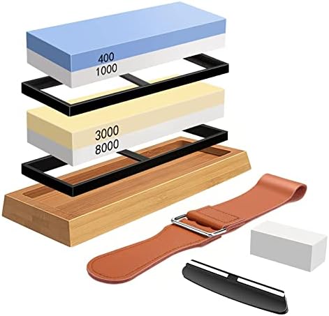 Sharpening Stone Whetstone Set 4 Side Grit 400/1000 3000/8000, Professional Whetstone Knife Sharpener, Knife Sharpening Stone Kit with Bamboo Base, Flatting Stone, Angle Guide & Leather Strop