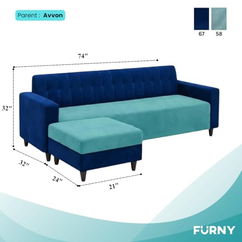 Image of FURNY Luxe 4 Seater L Shape Sofa Set with Movable Ottoman | Flexible Left or Right Layout | Plush Velvet Fabric (Dark Blue-Sky Blue) | Perfect for Living Room, Guest Room & Office