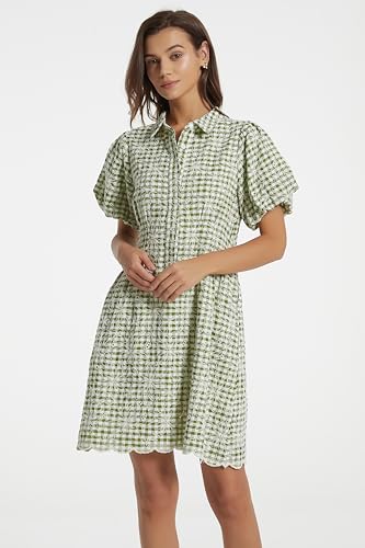 D-Sun Women's Shirt Dress Short Sleeve Summer Button Down Pleated Mini Dress Embroidered Gingham Casual Short Dresses2