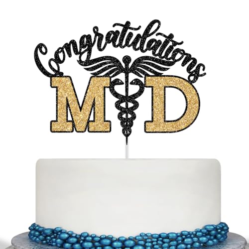 Congratulations MD Cake Topper Congrats Doctor Med School Survivor Doctor Graduation Medical School Graduation Party Decorations Black and Gold Glitter