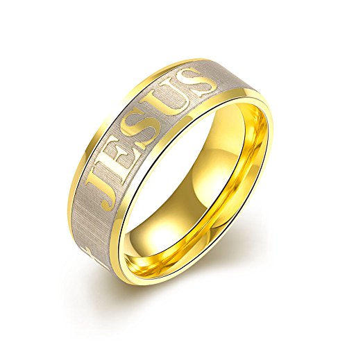 CARTER PAUL Hombres de acero inoxidable personalizada 7MM anillo tallado de oro de Jesús, Tamaño 15
