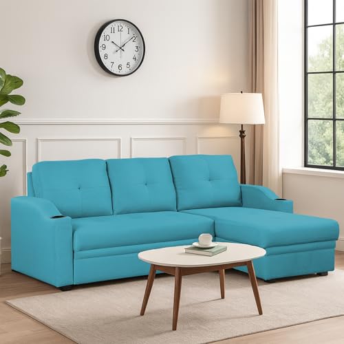 Image of Casaliving Ravonna RHS 4 Seater L Shape Corner Sofa Cum Bed for Living Room (Turquise Fabric) Premium Fabric Sofa