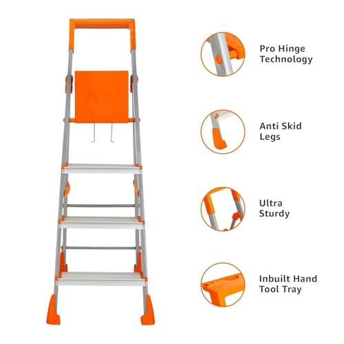 Image of Amazon Basics Clamber Pro+ - Foldable Step Ladder with Tool Tray, Firm Grip, 4 Steps (Aluminium Steps, Orange & Satin)