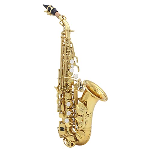 Saxofón, espina curva de latón con patrón tallado, instrumento soprano, incluye funda, guantes, paño de limpieza y cinturón