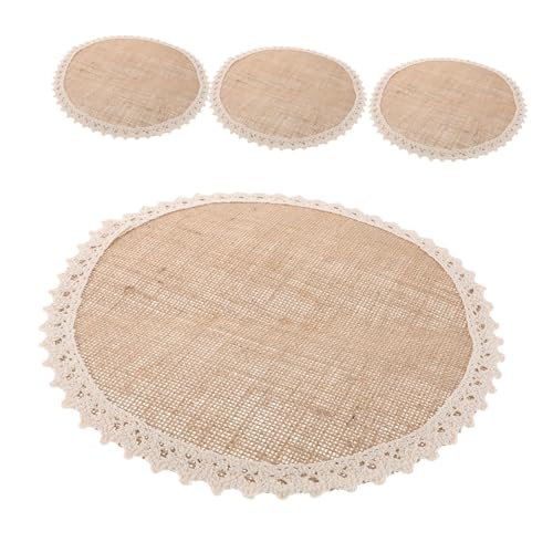 SAFIGLE 4 pezzi Tovagliette Rotonde in Lino Grezzo Pizzo Resistenti al Calore e Antiscivolo Sottobicchieri per Sala Pranzo e Tavolo Pranzo Protezione Elegante per Tavola Campagna