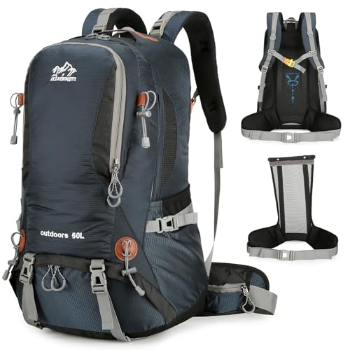 Outplea 50L Internal Frame Hiking Backpack Men Women, Large Camping Rucksack with Rain Cover & Shoe Compartment, Durable Outdoor Daypack for
