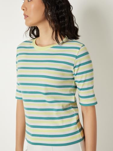 Image of Max Women Striped Ribbed T-Shirt Regular Fit