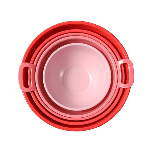 Mixing Bowl Set (5 Pieces + 4 Lids) | Nested Melamine | 7, 8, 10, 11” Bowls & 9” Colander | Cooking, Mixing, Baking, Prepping, Stirring, Serving | Space-Efficient Storage | Design & Color (Pink)