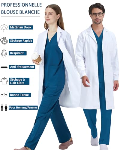 COCREAZY Blouse Blanche Chimie Femme Homme Blouse Chimie Lycee Coton Blouse Laboratoire Collège Blouse Physique Manche Longue Blouse Médicale Blouse Scientifique avec Poche pour Étudiant Hospital, S – vue 2