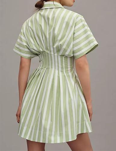 Image of Burtell Summer Button Down Pleated Shirt Dress for Women Striped Print V Neck Short Sleeve Mini Dresses Casual Corset Dresses