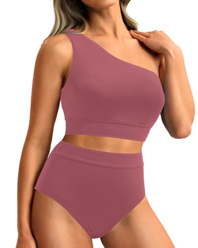 Image of Holipick Women One Shoulder High Waisted Bikini Sets Two Piece Swimsuit Tummy Control Bathing Suit Full Coverage Swimwear
