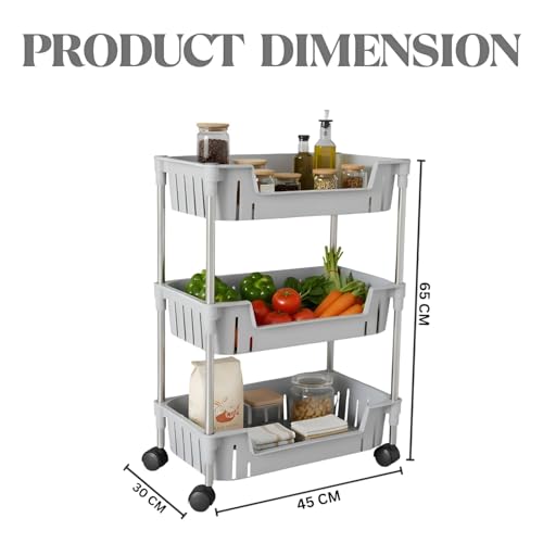 Image of JD FRESH 3-Tier Multi Storage Rack for Home & Kitchen /360-Degree Rotating Wheels with Breathable Kitchen Shelf Storage Rack /Plastic Rolling Cart for Kitchen, Bathroom, Office & Living Room (Grey)