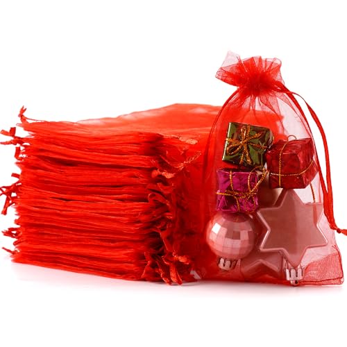 Image of Meowoo 100PCS Organza Bags, 4x6in Small Mesh Bags Drawstring, Mesh Gift Bags Drawstring for Jewelry, Candy, Christmas, Sachets, Festivals, Bathroom Soaps, Makeup Organza, Wrapping Supplies(red)