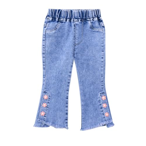 Girl's Y2k Flared Jeans Elastic Waist Raw Split Hem Bell Bottoms Cute Flowers Denim Pants Kids Preppy Swearpants
