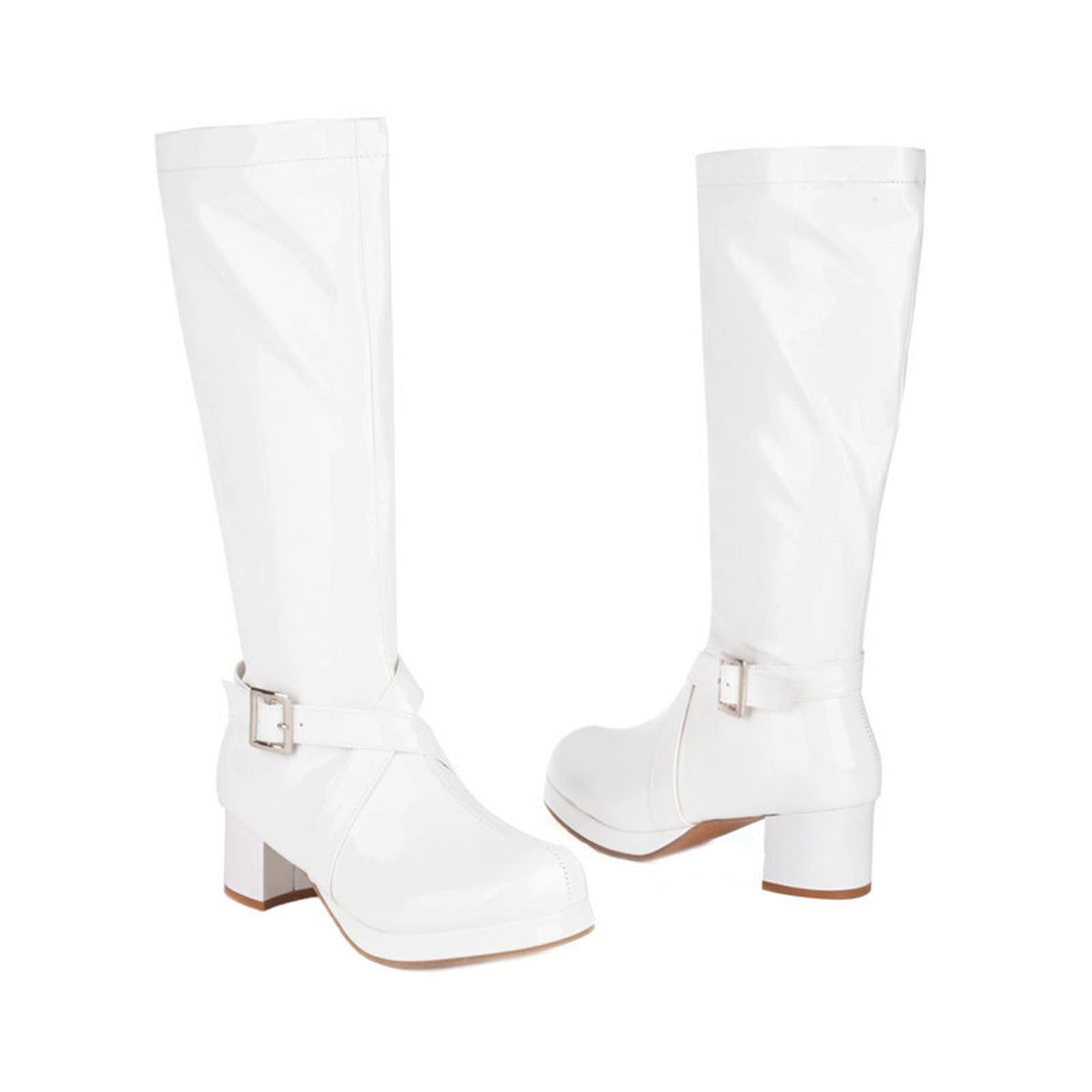 Botas de pantorrilla media para mujer e invierno Hebilla de color sólido de moda Cremallera lateral Cómodo tacón grueso Zapatos de tacón cuadrado Zapatillas de deporte para mujer, Blanco, 39 EU